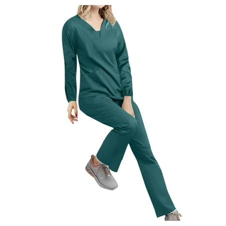 

TAIAOJING Women and Man Scrubs Set Long Sleeve V-neck Solid Color Pocket Top Solid Color Trouser Wokers Suit