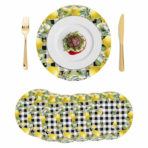 Round Placemats Lemon 15 inch Set of 6 Table Mats for Dining Table Farmhouse Plaid Yellow Black Heat Resistant Non-Slip Kitchen & Home Decorative Place Mat Set