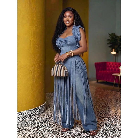 Blue Plus Size Sleeveless Ruched Halter Fringe Maxi Jumpsuit