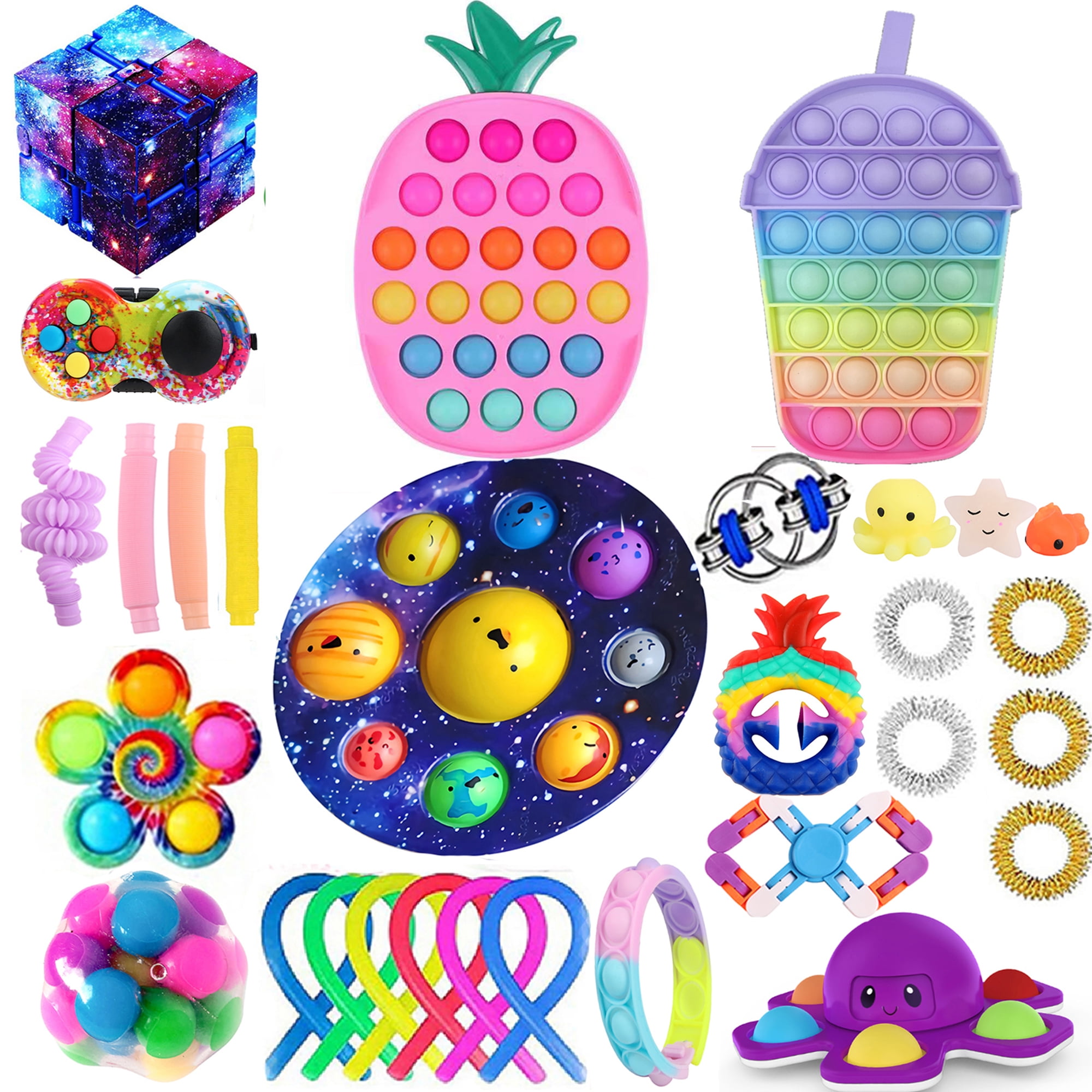Push Pop-in-It Sensory Fidget Toys Pack Cheap with Rainbow Keyboard Happy Planet Pop Spinner Pop Anxiety Tube Fidgetet Packs Fidget Packs Fidget Toy Set Anti-Anxiety Tools 