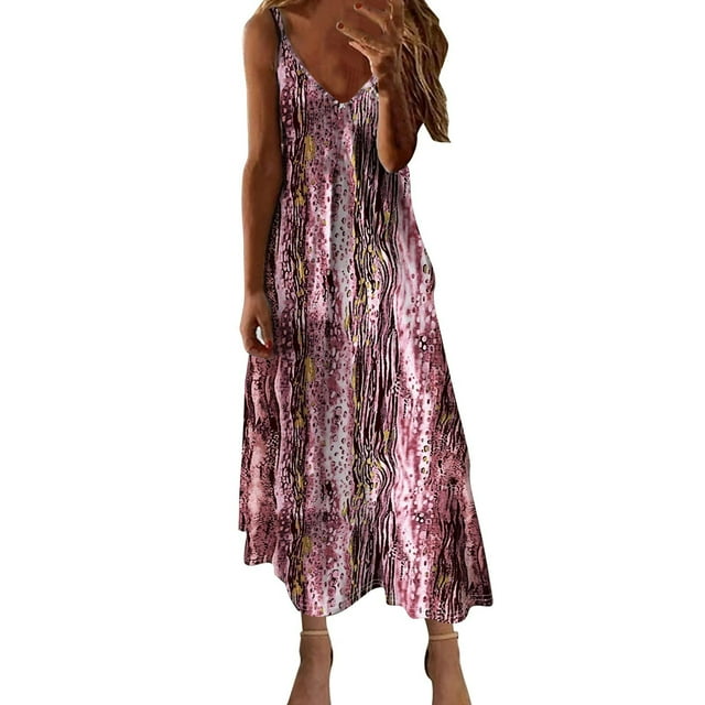 Ovzne Robes d'Été pour Femmes Robe pour Femme Robes d'Été pour Femmes Imprimé Sans Manches Col Rond Robe Décontractée Robes Robe d'Été Imprimée Liquidation