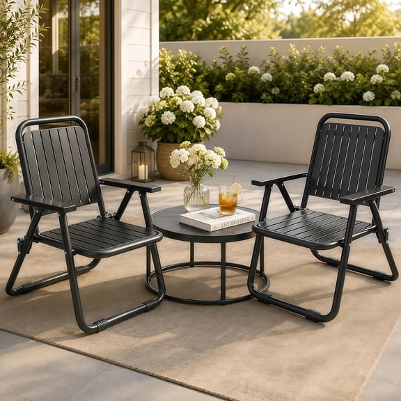 WXJHL Set of 4 Outdoor Folding Patio Chairs with Armrest, 300‑Lbs Heavy‑Duty Steel Lawn Chairs for Pool Backyard, Black