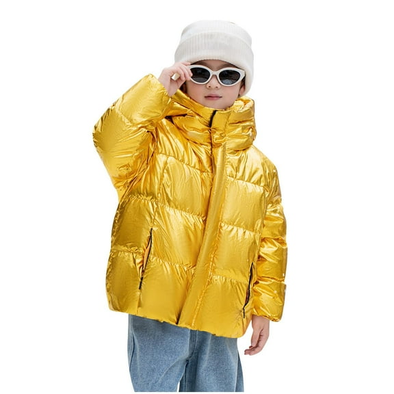 OGLCCG Shiny Puffer Jacket for Boys Long Sleeve Zipper Hooded Winter Padded Coat Fashion Outdoor Thermal Outwear with Pockets 1-12 Years