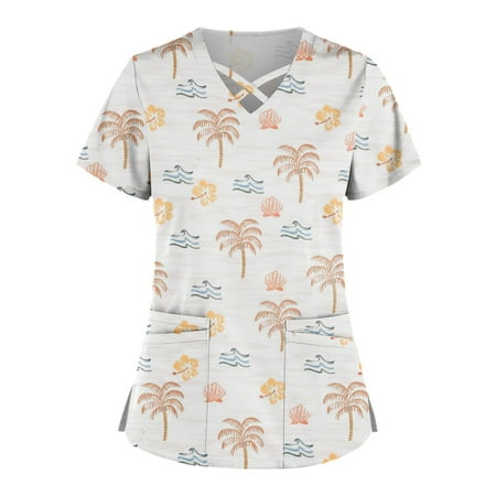 

QWANG Plus Size Cute Printed Scrub Working Uniform Tops For Women Cross V-Neck Short Sleeve Fun T-Shirts Workwear Tee with Double Pockets