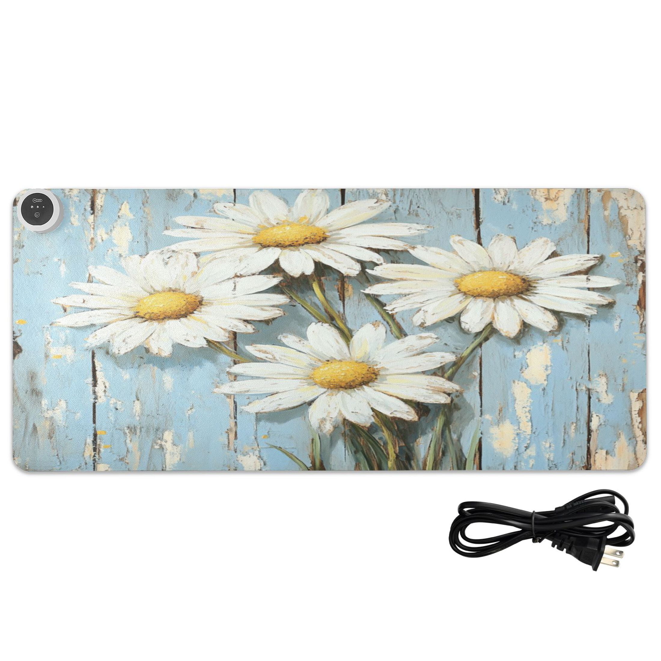 Wobogo Elegant Daisy Heated Mouse Pad Extra-Large Desk Mat With 3 Heating Levels and 3-hour Auto Shut-Off Protection Ideal for Computer Keyboards Home Office Hand-warming Essential 31.5in × 13in