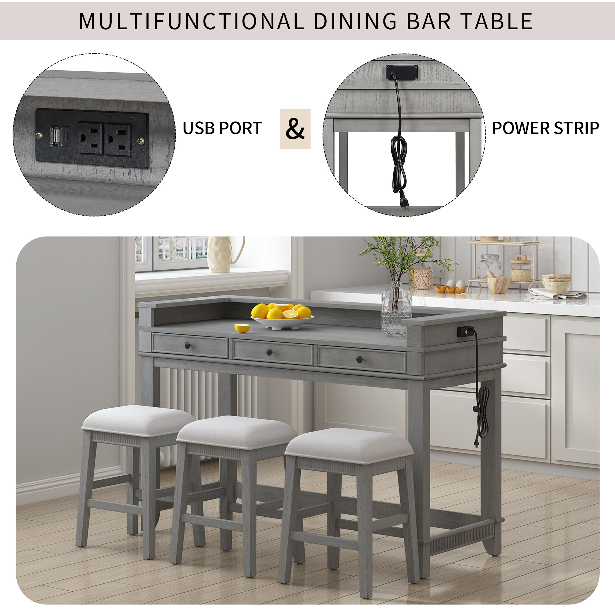 Euroco 4-Piece Kitchen Bar Table and Chairs Set for 3,Retro Dining Room Set with Power Outlet,3 Drawers & 3 Stools for Small Spaces,Light Grey