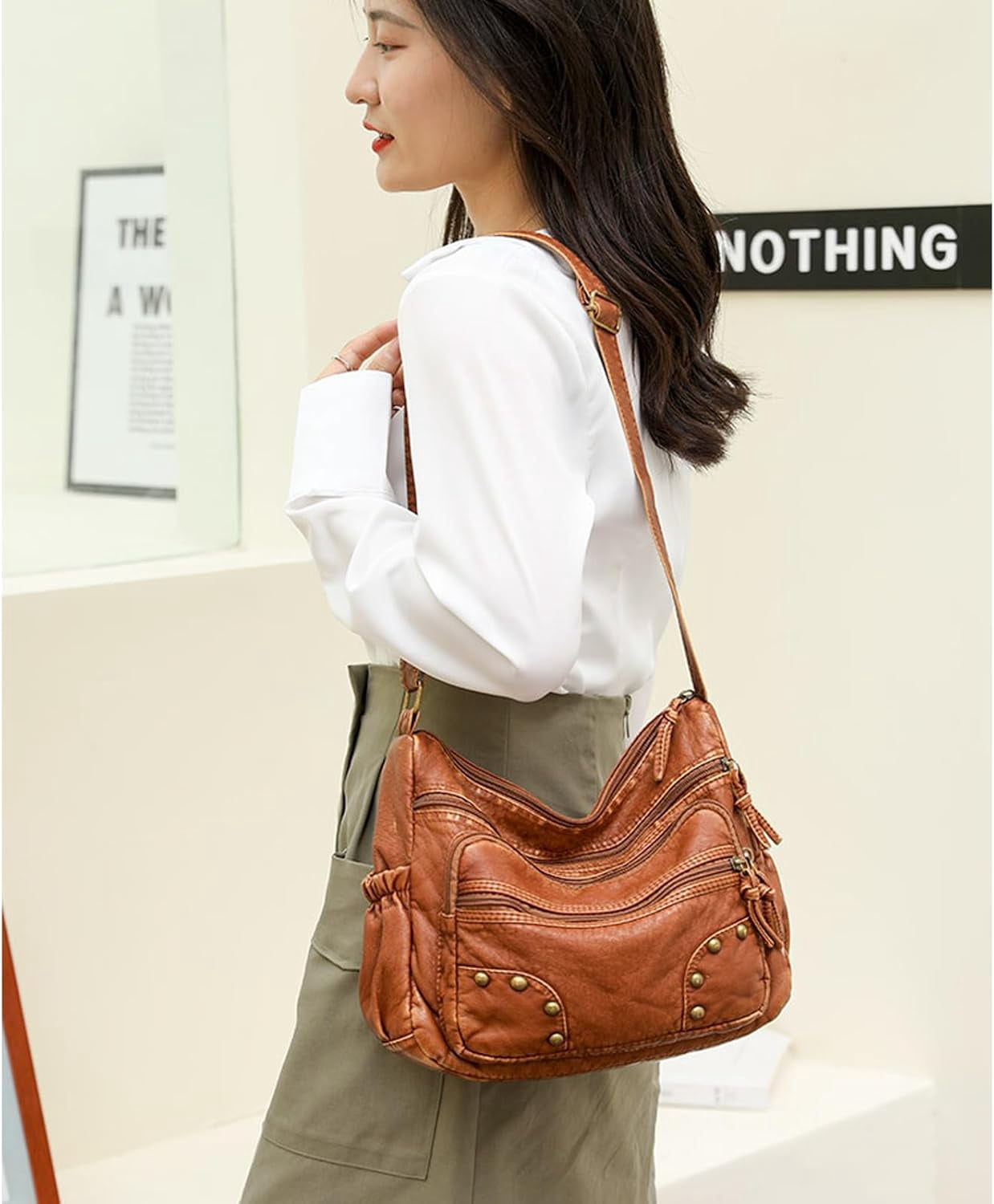 Lightweight Leather Multi-Pocket Shoulder Bag for Women - Retro Sling Medium Travel Purses