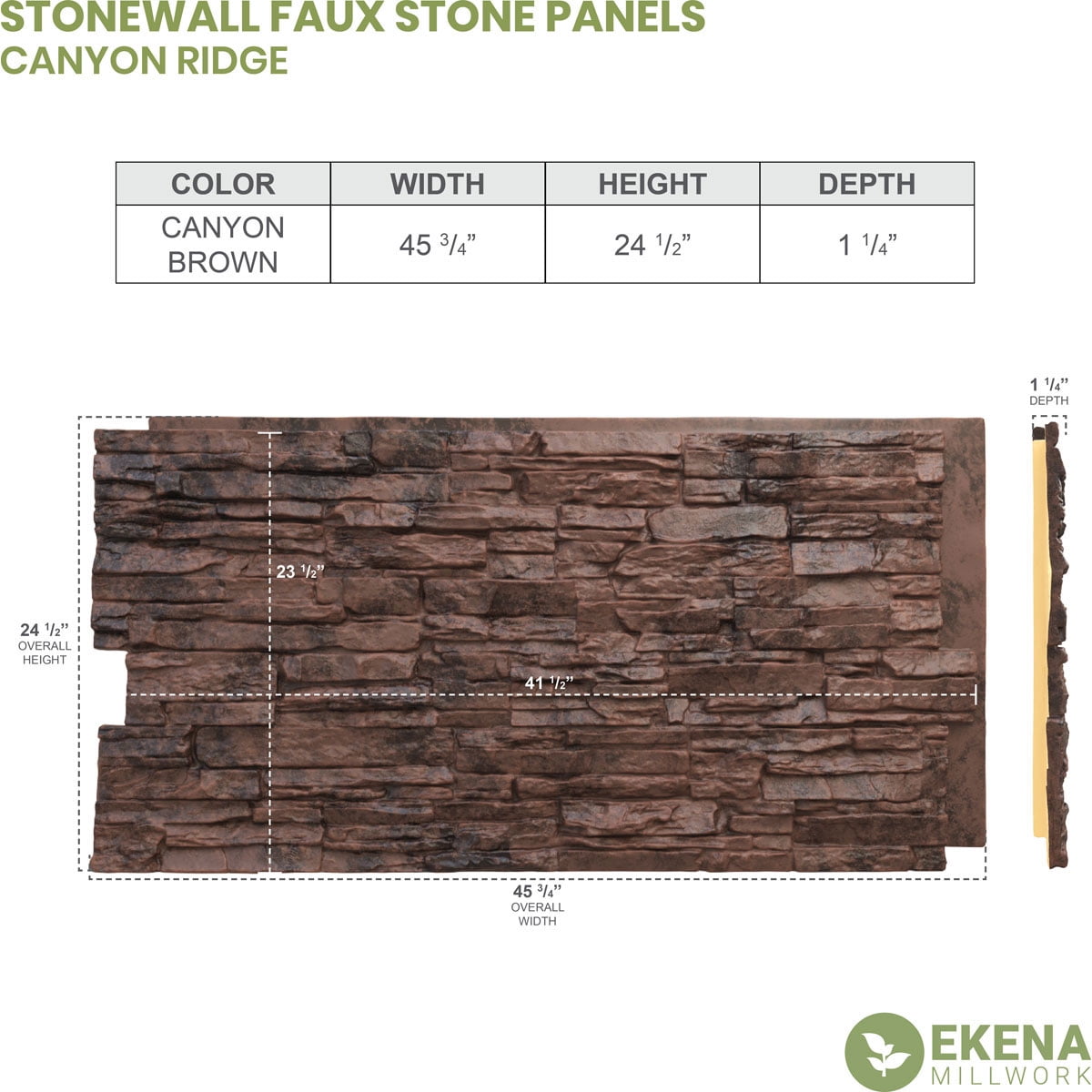 Ekena Millwork 45.75"W x 24.50"H x 1.25"D Canyon Ridge Stacked Stone, StoneWall Faux Stone Siding Panel, Canyon Brown