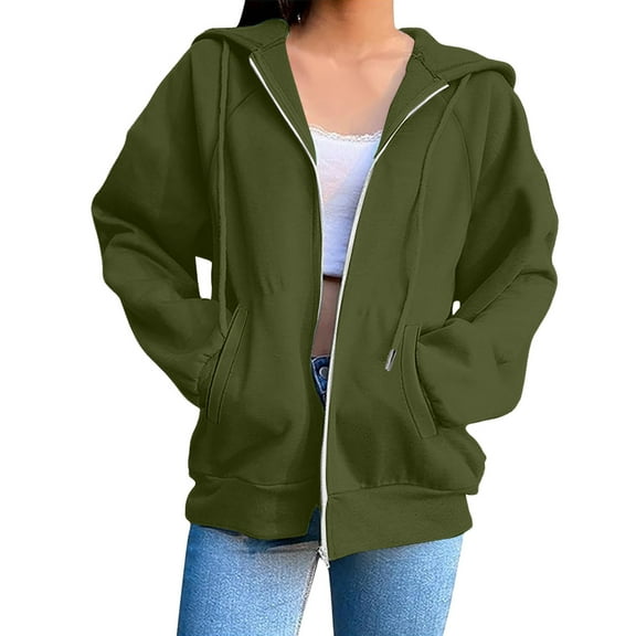 Fmbrln Womens Trendy Full Zip Up Hoodie Fall Winter Fashion Long Sleeve Solid Hooded Sweatshirts Loose Comfy Sweatshirts Coat with Pockets Green 3XL