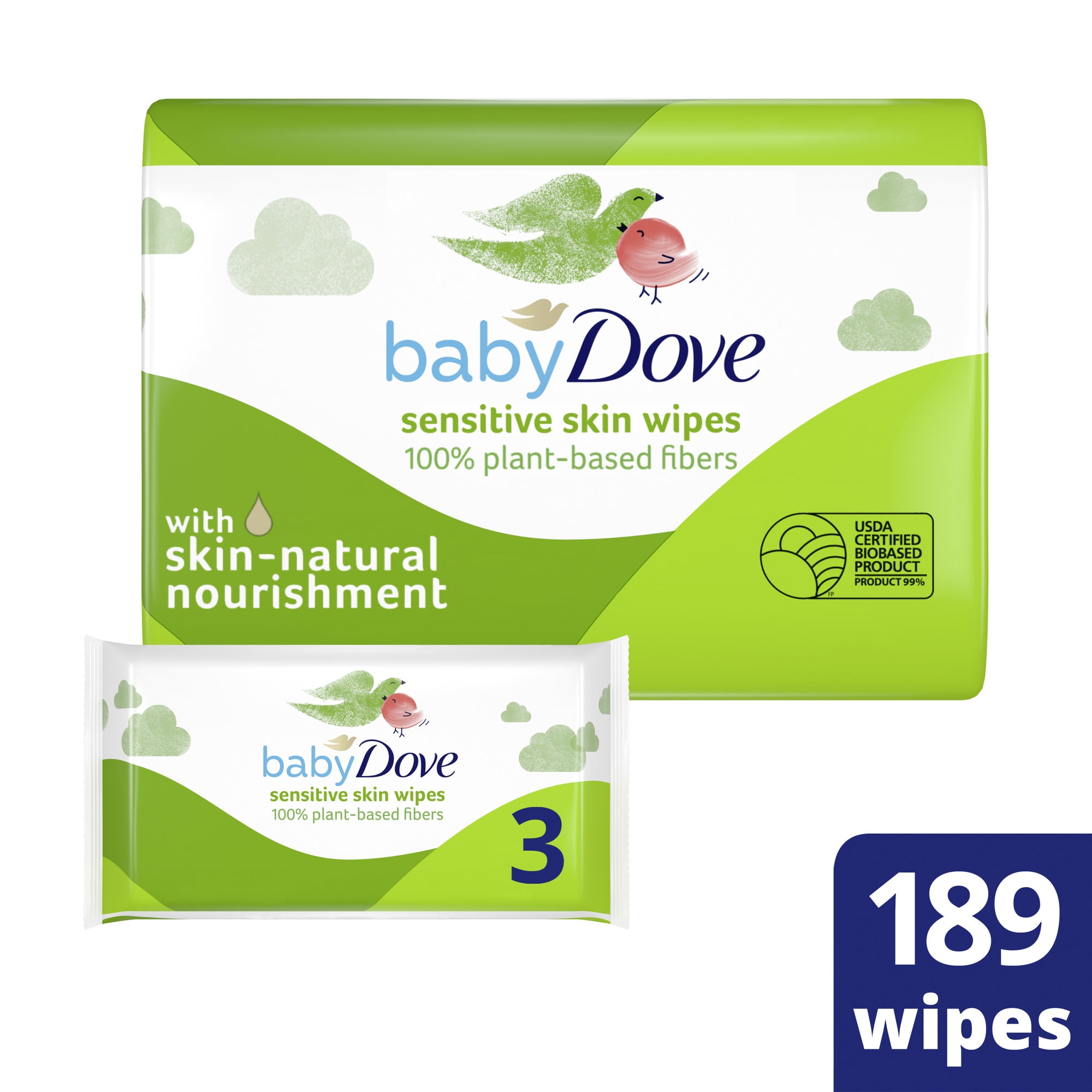 Baby Dove Wipes, Unscented, 3 Resealable Packs (189 Total Wipes