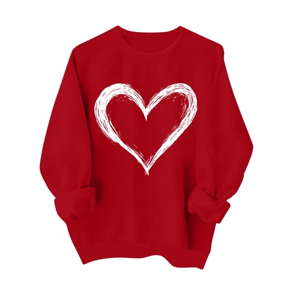 Valentines Shirts for Women Love Heart Long Sleeve Warm Sweatshirts Crewneck Valentine's Day Casual Tops Vermilion XL