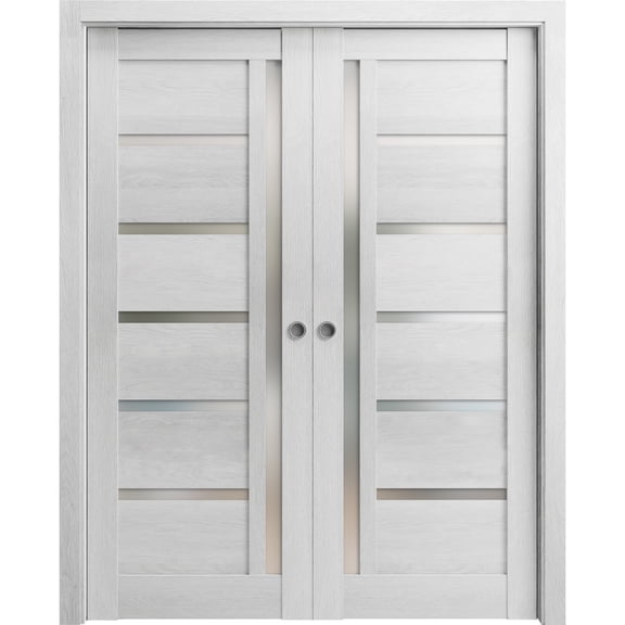 Sliding French Double Pocket Doors 56 x 80 inches | Quadro 4088 Light Grey Oak with Frosted Glass | Kit Trims Rail Hardware | Solid Wood Interior Bedroom Sturdy Doors