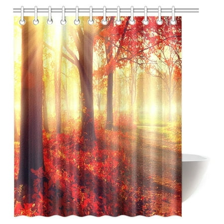 MYPOP Nature Scene Decor Shower Curtain, Autumn Foggy Forest Scenery with Rays of Warm Sun Lights on Shady Trees and Red Flowers Fabric Bathroom Set with Hooks, 60 X 72
