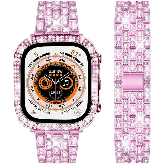 MKEUDQ-Bands Compatible with Apple Watch Ultra 3/2 / 1 49mm, Bling Rhinestone Diamond Metal Strap with Protective Case Cover Replacement for iWatch Series 11/10 / 9/8 Ultra (49mm, Pink)