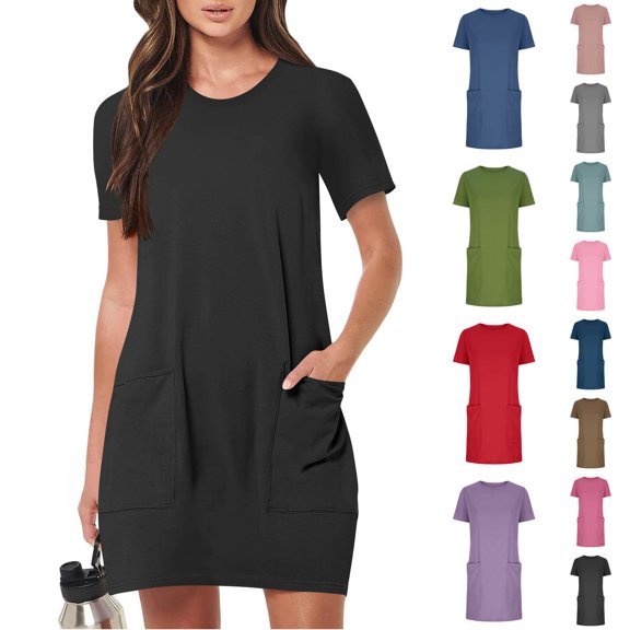 Asxite Summer Dresses for Women Casual Solid Short Sleeve Round Neck with Pockets Sundress