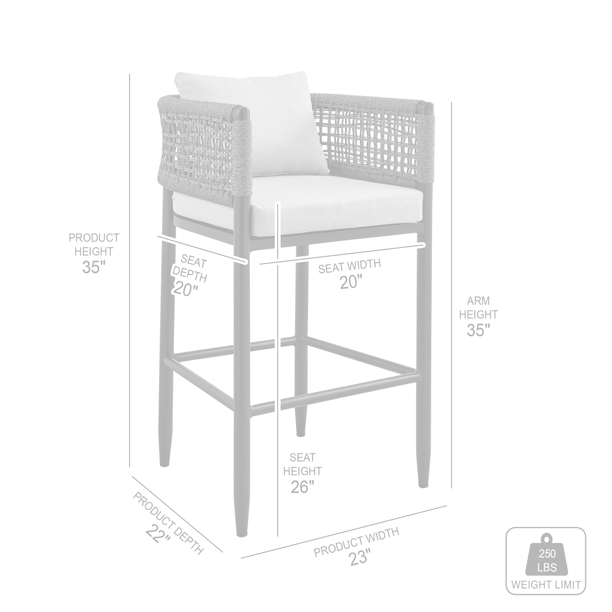 Alegria Outdoor Patio Counter Height Bar Stool in Aluminum with Gray Rope and Cushions - Set of 4