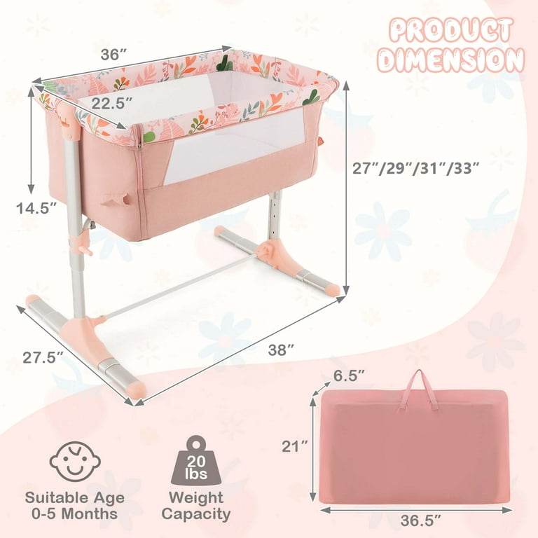 Costway Folding Baby Bassinet Bedside Sleeper with 4 Adjustable Heights Retractable Feet Pink
