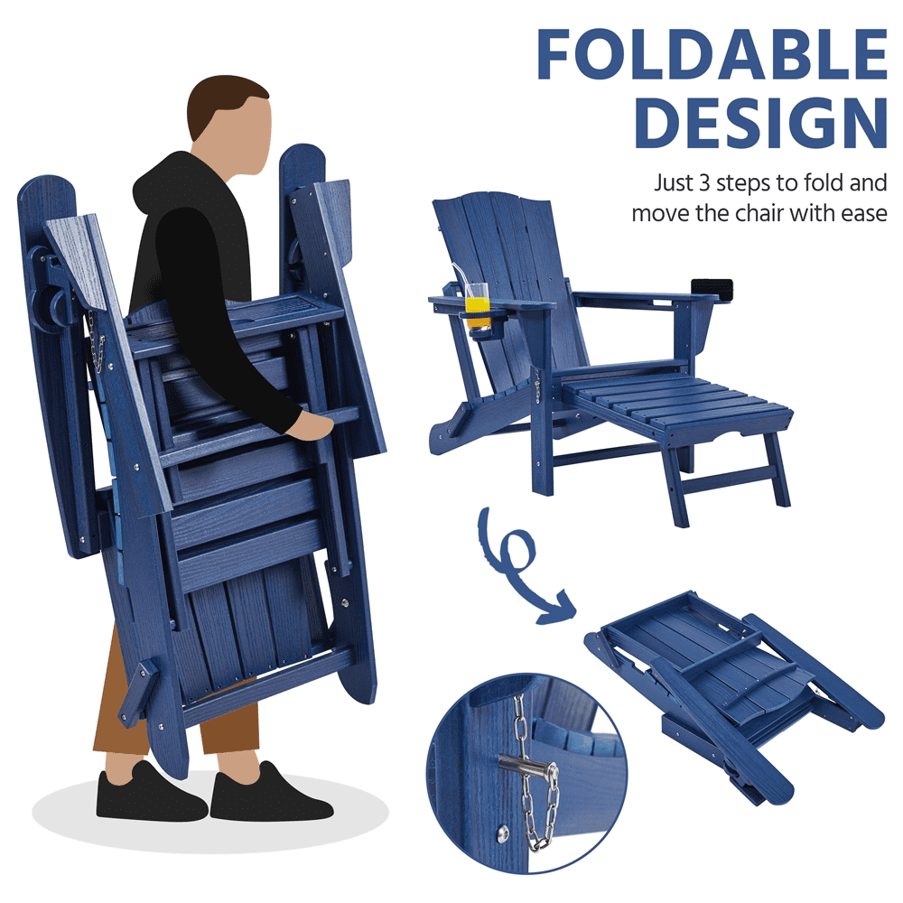 Renwick Outdoor HDPE Adirondack Chair with Retractable Ottoman, Navy Blue