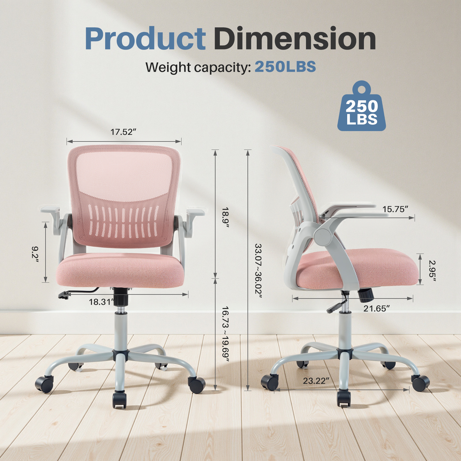 EDX Desk Chair with Ergonomic Lumbar Support, Flip-Up Armrests & Removable Footrest - 250lbs Capacity, Suitable for Home, Office, Bedroom, Pink