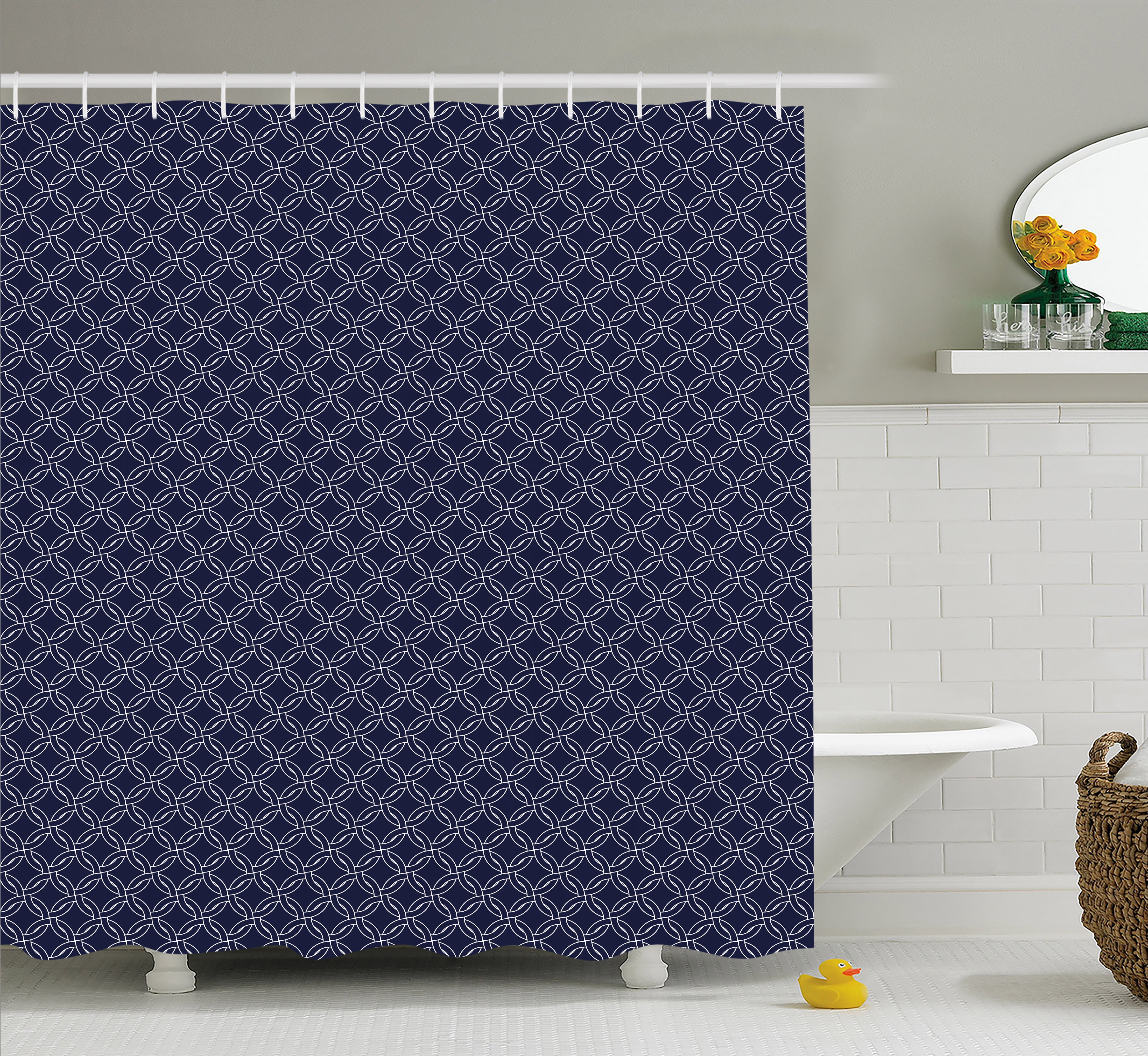 Navy Blue Shower Curtain, Abstract Geometric Entangled Circles Ring