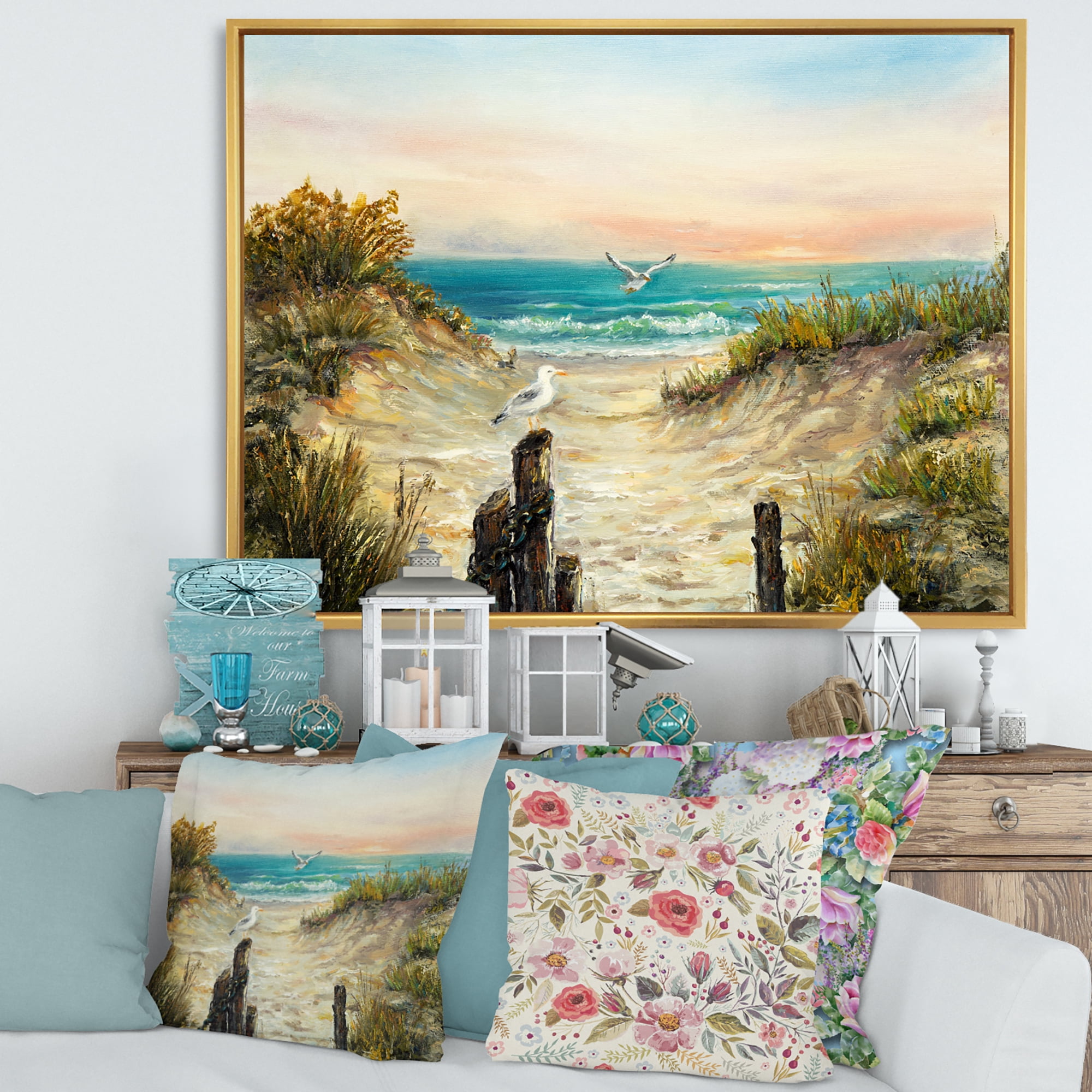 Designart 'Ocean Dunes During Pink Sinset on Beach' Nautical & Coastal Framed Canvas Wall Art Print