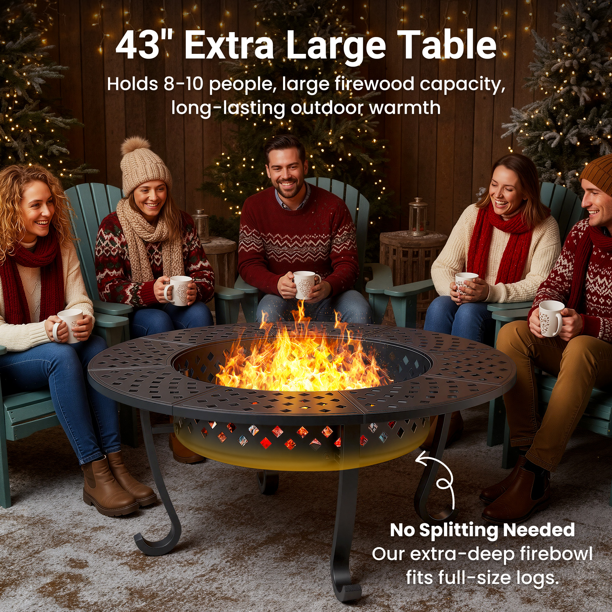 May in Color 43'' Fire Pit with 2 Grills, Outdoor Wood Burning Fireplace with Lid and Fire Poker, BBQ & Bonfire & Round Metal Table 3 in 1 for Patio, Backyard, Garden, Black