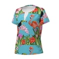 thumbnail image 2 of Goofa Tropical Jungle Flamingo Pattern Womens Deep V Neck Low Cut Tops Casual Summer Short Sleeve Ribbed Knit T-Shirts-Large, 2 of 5