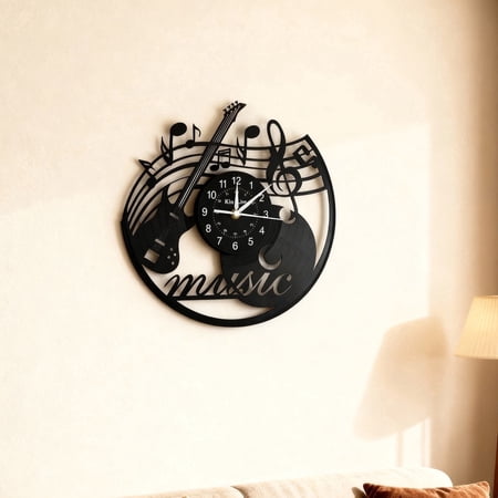 Guitar Vinyl Record Wall Clock with 7-Color LED Night Light, Silent Non-Ticking Music Theme Home Decor, Unique Music Lovers Gifts for Men Women Friends