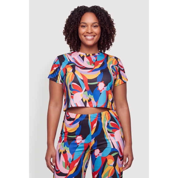 Women's Plus Size Abstract Print Short Sleeve Crop Top