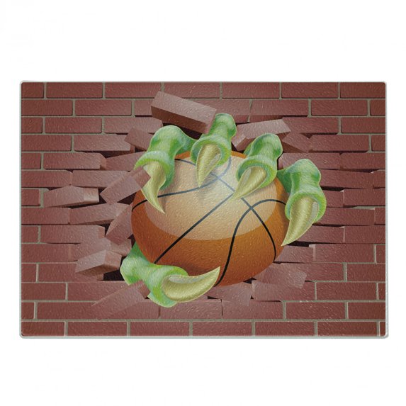 Brick Wall Cutting Board, Claw Beast Monster Hand Holds Basketball Through Brick Wall Paint, Decorative Tempered Glass Cutting and Serving Board, Small Size, Coral Orange Lime Green, by Ambesonne