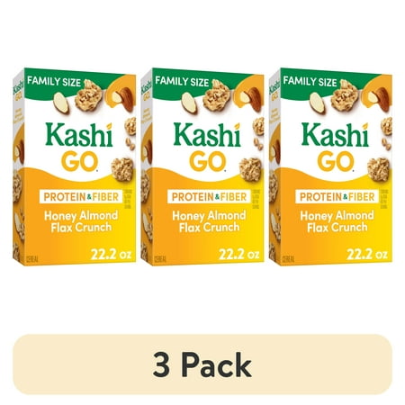 (3 pack) Kashi GO Honey Almond Flax Crunch Breakfast Cereal, Vegetarian Protein, Family Size, 22.2 oz