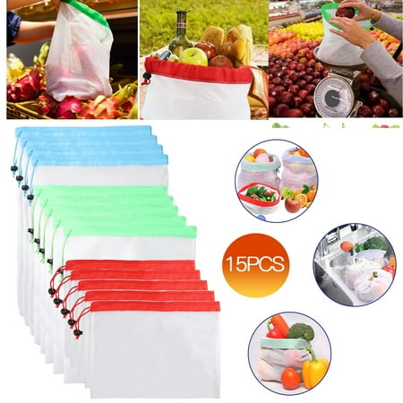 EEEKit 15Pcs Reusable-Produce-Bags-Washable 100% Food Contact Safe Eco Friendly Zero Waste See Through Lightweight Mesh Produce Bags for Grocery Shopping Storage Fruit Vegetable Large Medium Small