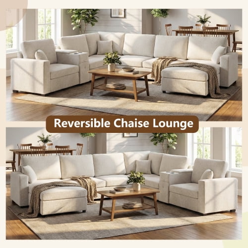 134" U-Shape Modular Sectional Sofa, 5-Seat Couch with Chaise Lounge, Deep Seat, Built-In Cup Holders, Storage Drawer and Pillows, Beige