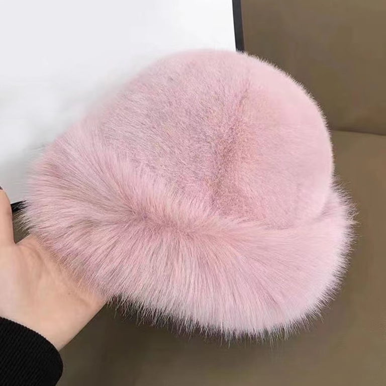 NEW Mongolian Fluffy Furry Pink Faux Fur Luxury Ear Coverage Bucket Beanie‎ Hat Extra Wide- Wire Brim Pale Pink Fuzzy Bucket Hat-pink Fur  main image 4