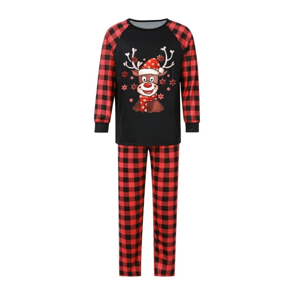 Seyurigaoka Family Matching Christmas Pajamas Outsuit, Cartoon Reindeer Tops + Plaid Pants