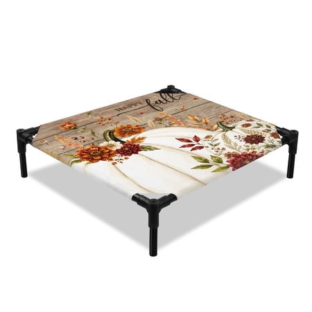 Happy Fall Elevated Dog Bed Thanksgiving Fall White Pumpkin Dahlia Wheat Wood Grain Cooling Breathable Outdoor Raised Dog Cot Bed with Metal Frame Non-Slip Feet for Small Dog 20x20in