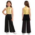 thumbnail image 5 of inlzdz Kids Girls Hip Hop Dance Outfits Retro 70s 80s Rock Disco Jumpsuit Flowy Mesh Overlay Pants Romper Gold 8, 5 of 7