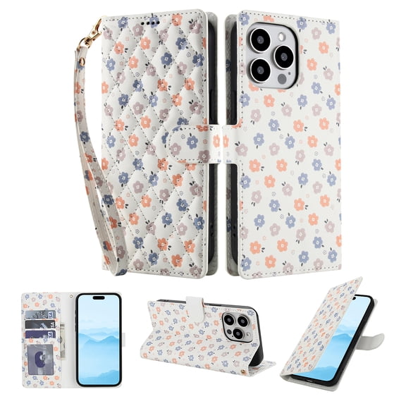 Compatible for iPhone 14 Pro Max Wallet Case with Wrist Strap, Women Girls Flower Pattern PU Leather Shockproof Protective Folio Cover with Card Holder Kickstand for iPhone 14 Pro Max, Pattern-B