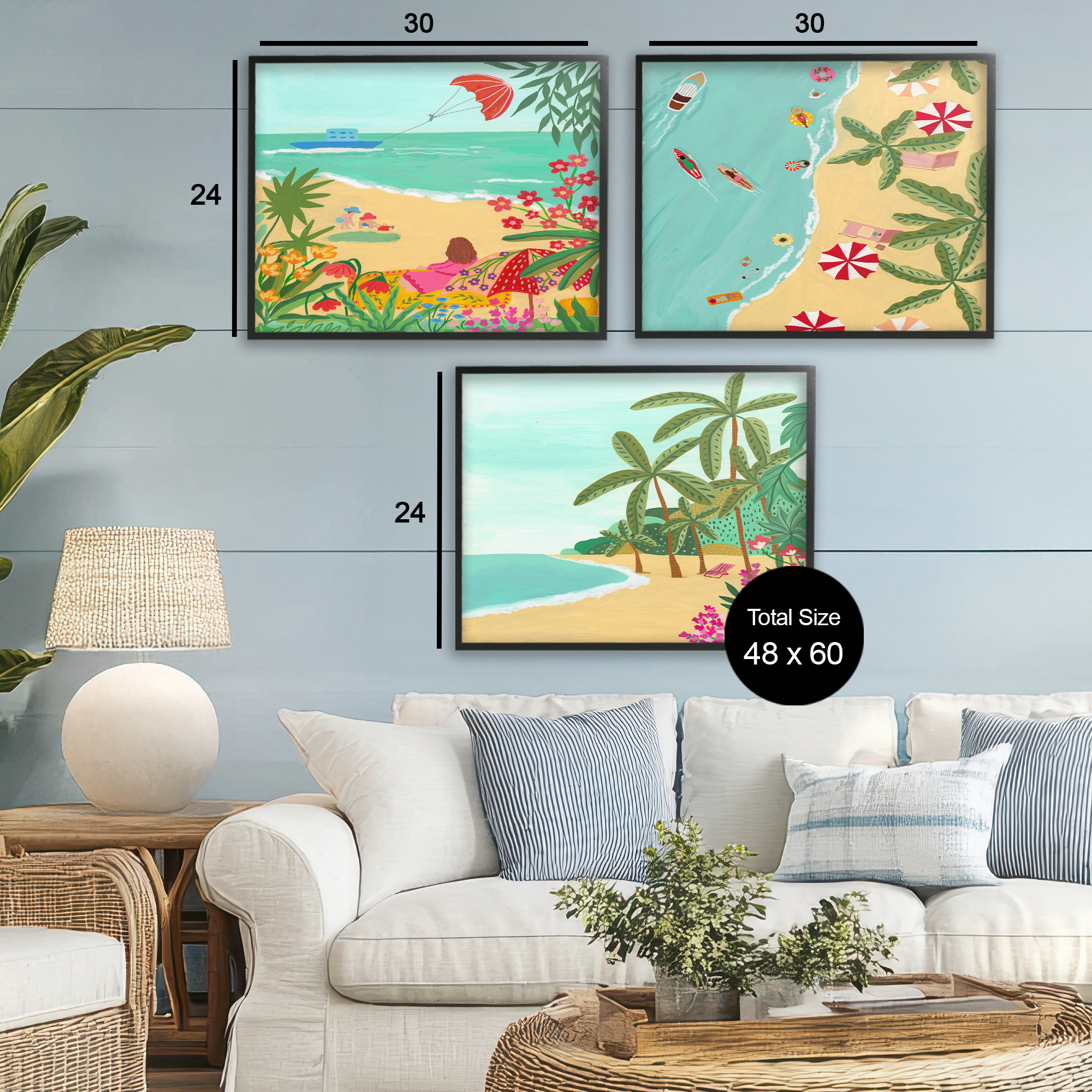 Busy Beach And Flowers 3 Piece Black Framed Giclee Art Set, design by Nabeela Rumi