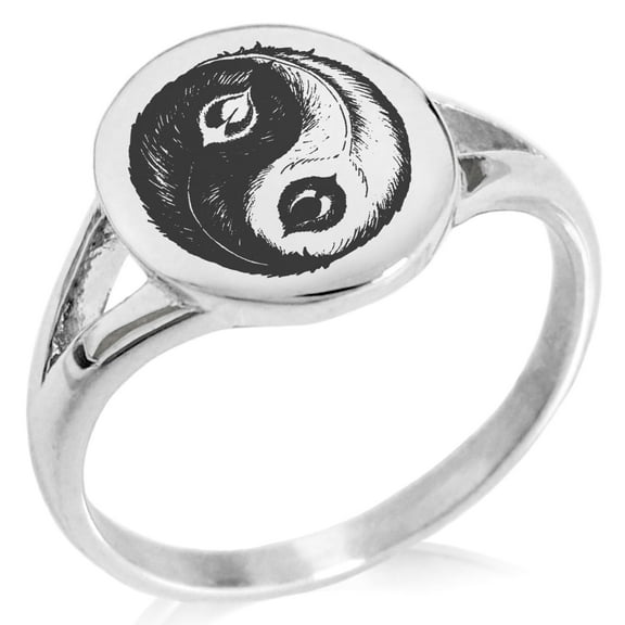 Tioneer Stainless Steel Peacock Feather Yin Yang Minimalist Oval Top Polished Statement Signet Ring