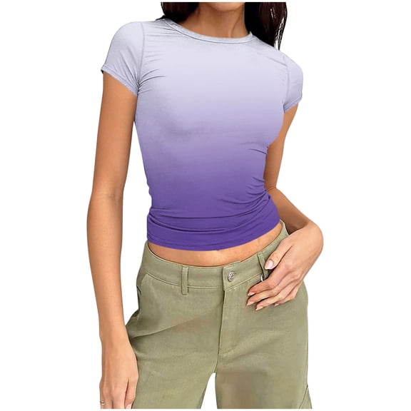 Perfectbot Women's Basic Slim Fit Crop Tops Fashion Ombre Short Sleeve Crew Neck Going Out Tight Tees