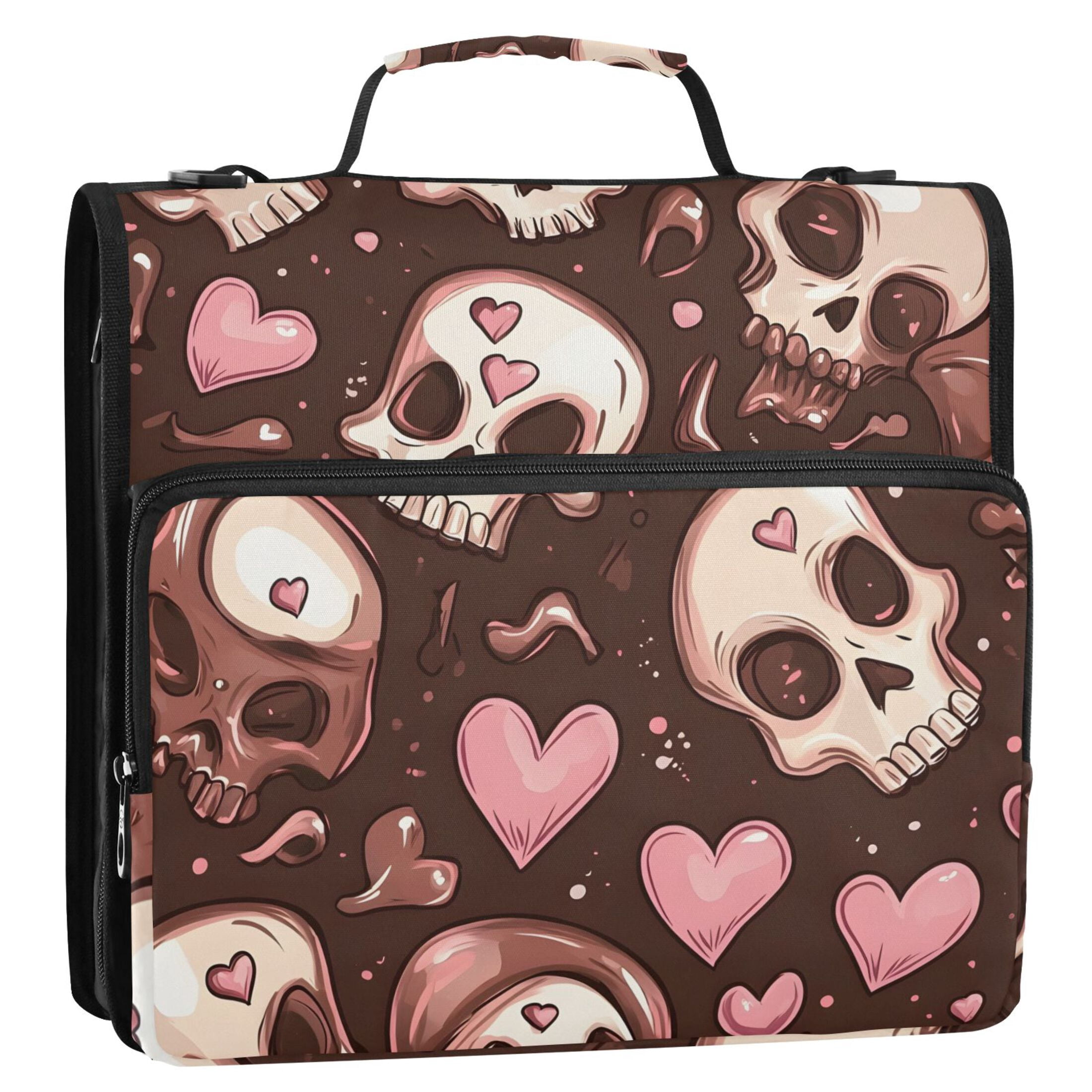 ALAZA Zipper Binder Skull Hearts 3 Ring Trapper Keeper File Folder Organizer Bag