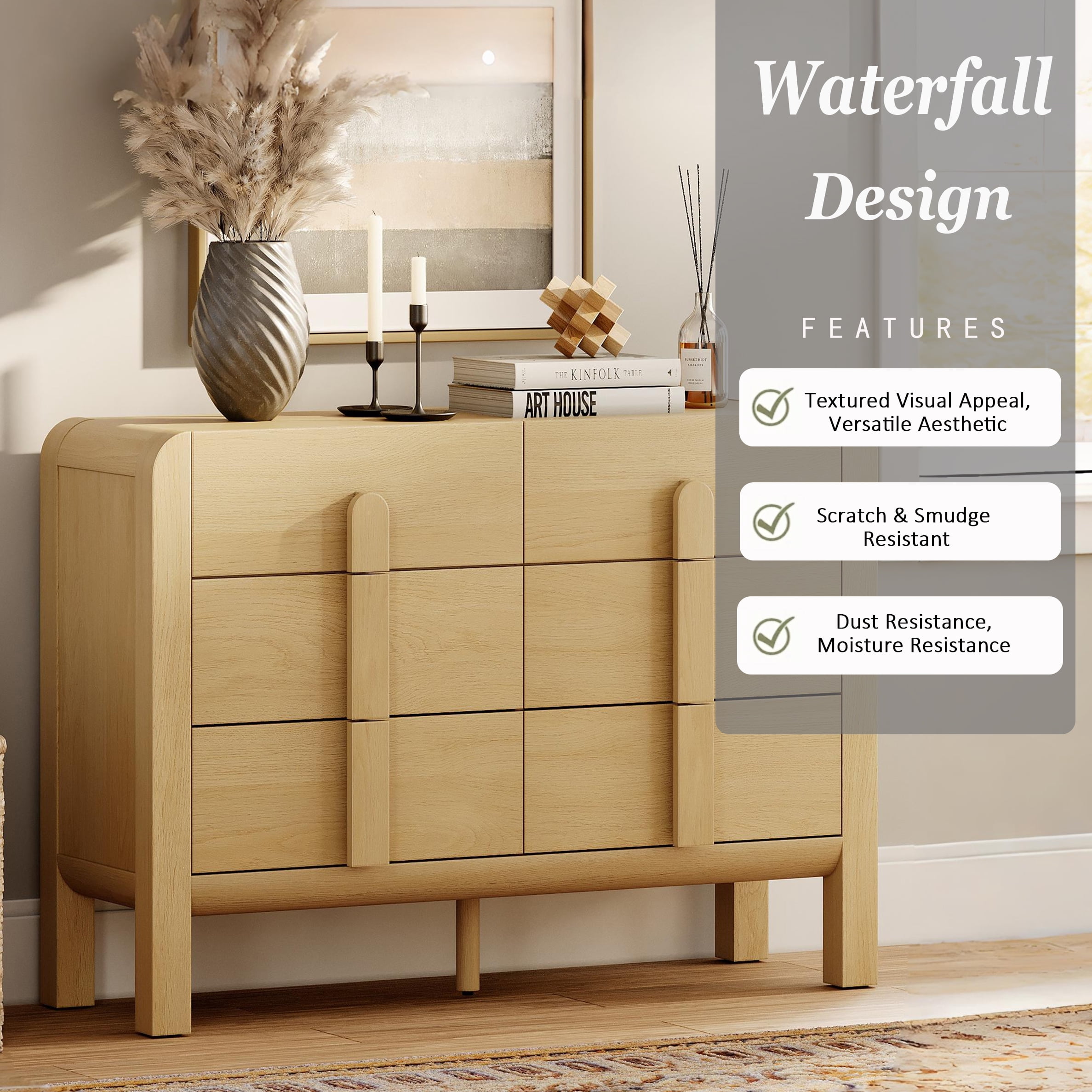 Mid Century 6 Drawer Dresser for Bedroom, Wide Modern Chest of Drawers with Curved Profile Design, Wood Closet Clothes Storage Organizer for Bedroom, Living Room