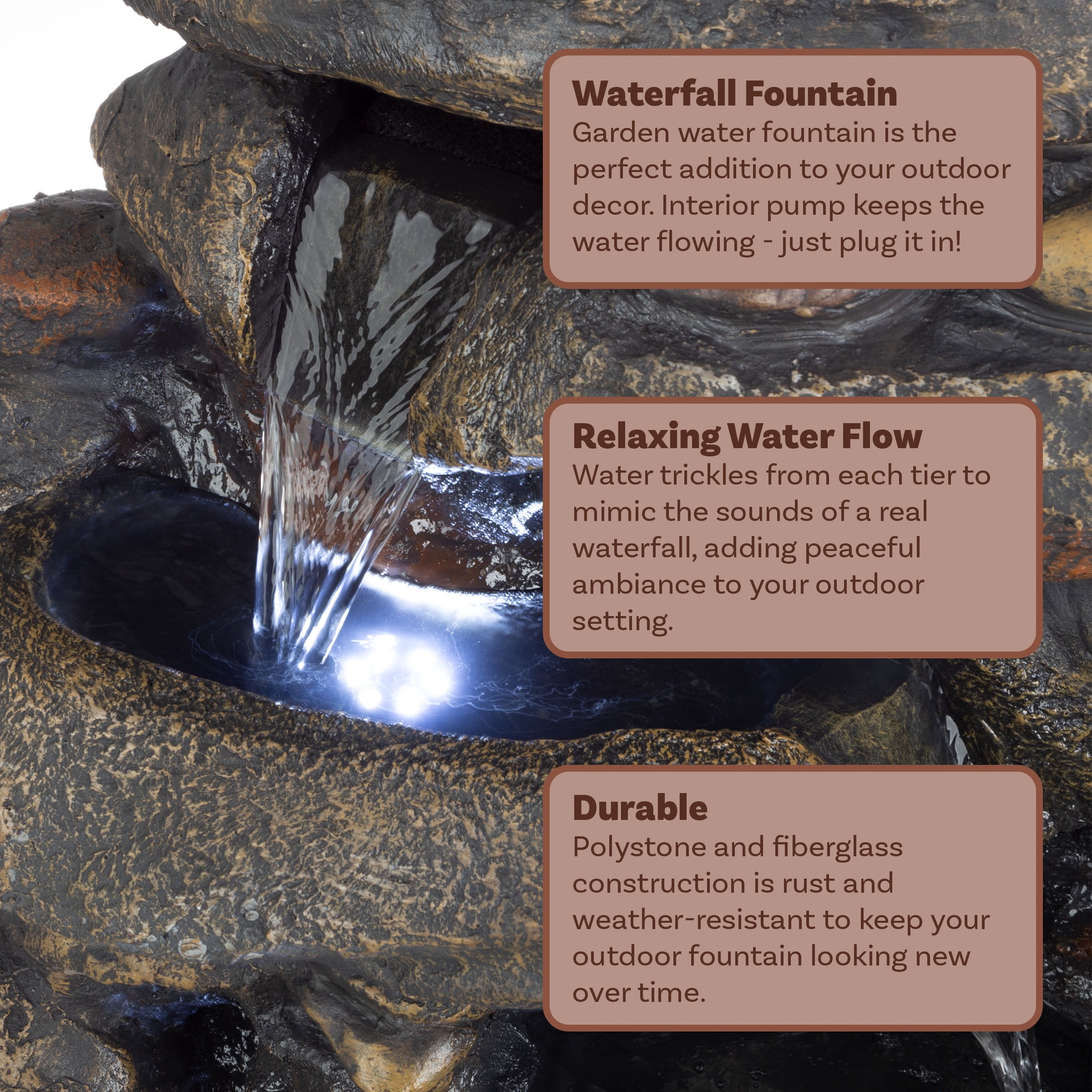 Pure Garden 3-Tier Outdoor Water Fountain with Lights - 25.5-inch LED Fountain