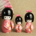 thumbnail image 4 of Jiibva 3Pc Pink Kimono Wooden Dolls Decorative Figurine Traditional Asian Geisha Statue for Home Wedding, 4 of 7