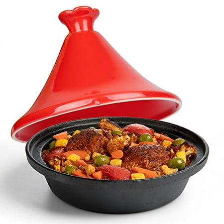 

Tagine Moroccan Cast Iron 4 qt Cooker Pot with Recipe Book Caribbean One-Pot Tajine Cooking Enameled Ceramic Lid- 500 F Oven Safe Dish w Large Capacity Cone Shaped Lid High Quality Cookware Gift