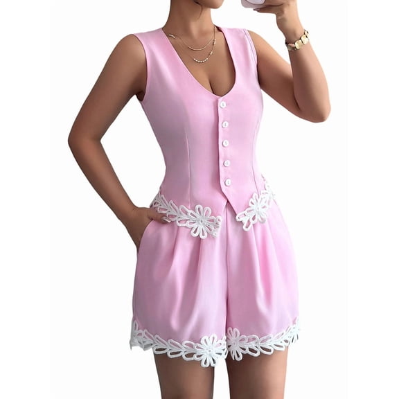 Women'S Summer 2 Piece Outfits High Waisted Short Sets Vest Pink XL