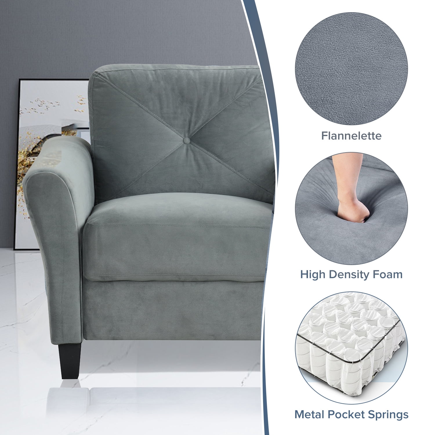 Sectional Sofa, Velvet Sofa, Convertible Sofa with Modular Design and Detachable Cushions, High Grade Sponge Filling, Gray Velvet Upholstery, for Living Room and Small Spaces