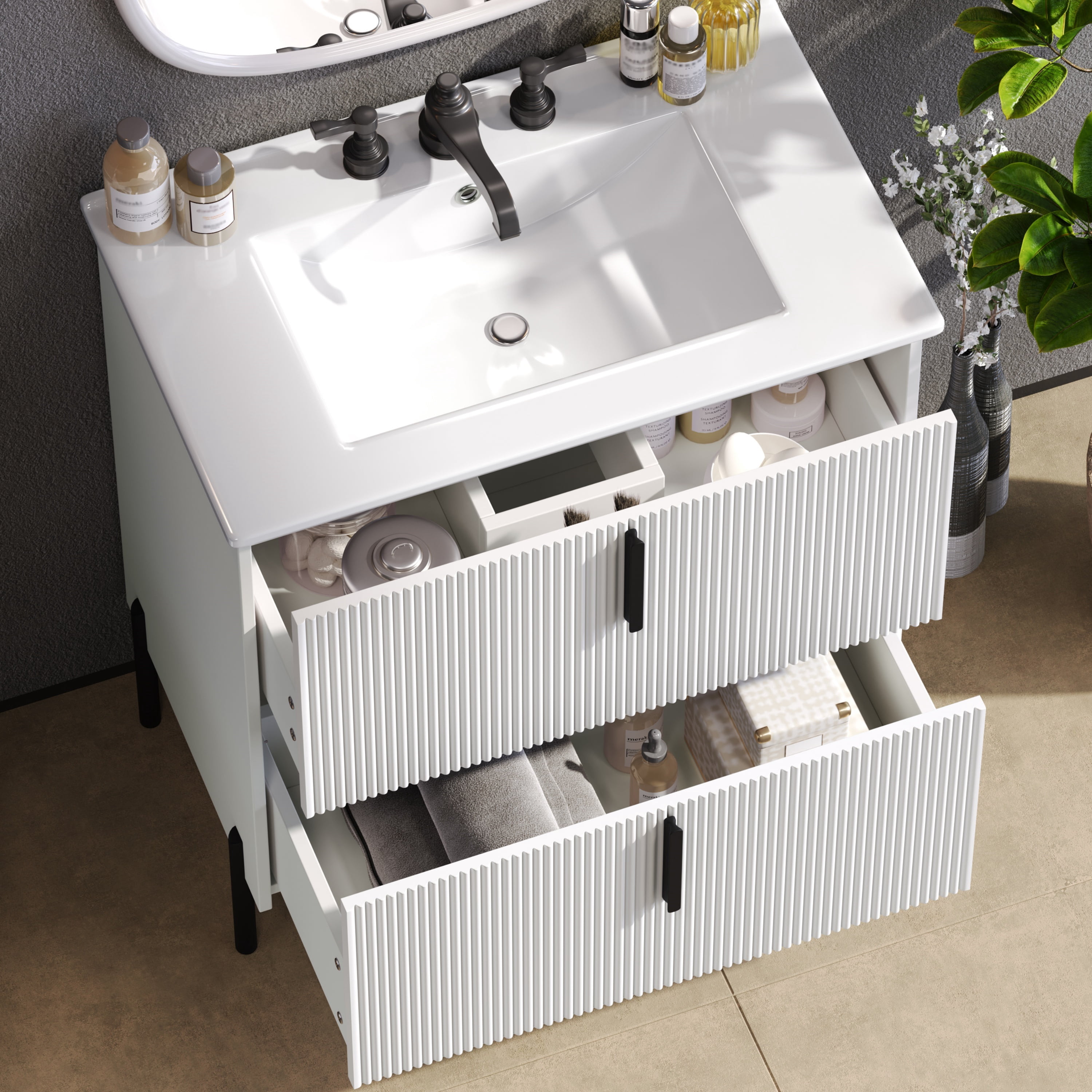Euroco 30" Bathroom Vanity with Ceramic Sink and Full-Extension Drawers, Soft Close Undermount Drawer Slides, Fluted Design, White