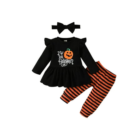 

Calsunbaby 3Pcs Toddler Baby Girls My First Halloween Outfits Long Sleeve Tops + Striped Pants + Headband Clothes Sets Black 3-6 Months